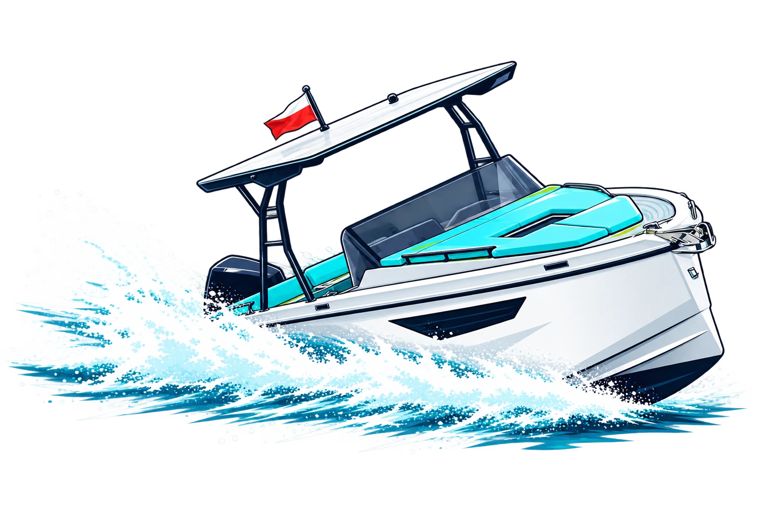 Colour ink illustration of the UX Marine Noordic N26 banking through spray